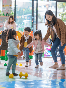 人坐在桌子前摄影照片_亚洲人老师和儿童在娱乐室玩耍