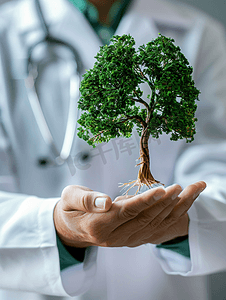 绿色科技医疗摄影照片_医生手托着肺形状的树
