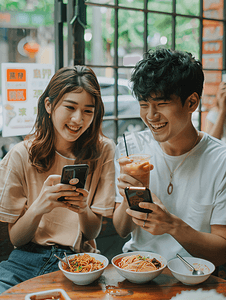 文化活动海报摄影照片_亚洲人青年朋友用手机给美食拍照人物