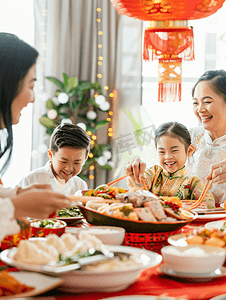 全家福实景摄影照片_亚洲人幸福家庭过年吃团圆饭