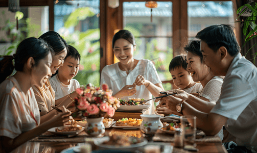 军烫火锅摄影照片_亚洲人幸福家庭吃团圆饭