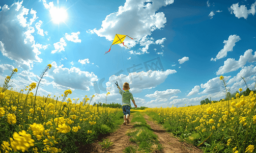 一个小男孩在油菜地的小路上放风筝