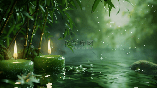 绿色风景区竹林河水流动蜡烛的背景