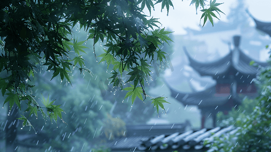 汉服古风字体摄影照片_雨天古风建筑摄影图片