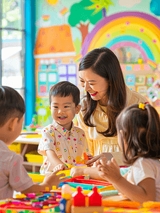 幼儿园龙年展板摄影照片_亚洲人老师和儿童在幼儿园里