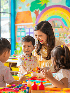 儿童节城堡摄影照片_亚洲人老师和儿童在幼儿园里