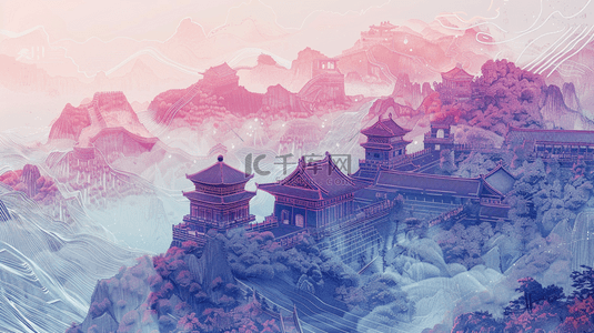 彩色国画背景图片_彩色渐变梦幻朦胧国画艺术风格风景的背景