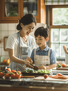 亚洲厨房做饭摄影照片_亚洲人年轻妈妈和儿子在厨房