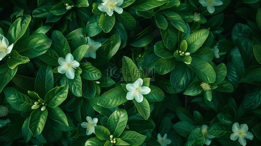 绿色简约平铺树叶白色花朵的背景