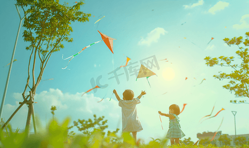 小朋友嘻戏摄影照片_亚洲人快乐的小朋友在公园里放风筝
