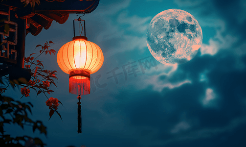 中国传统古风摄影照片_月圆下的孔明灯