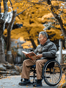 户外读书摄影照片_亚洲人户外老年男人坐在轮椅上看书