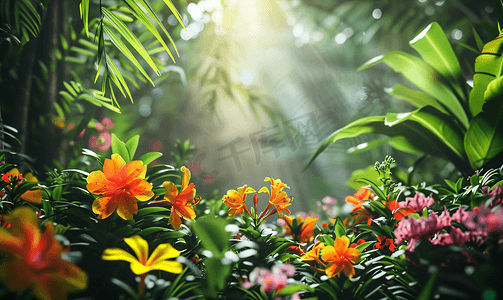 绿色丛林摄影照片_春天的花朵在丛林里