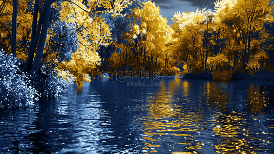 深蓝色金色树叶叶片纹理风景景色的背景