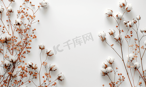白色桌面上的棉花插花场景
