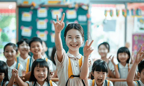 亚洲人老师和小学生们在教室里人物