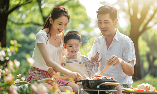父亲节字体摄影照片_亚洲人欢乐的一家人在郊外野餐烧烤