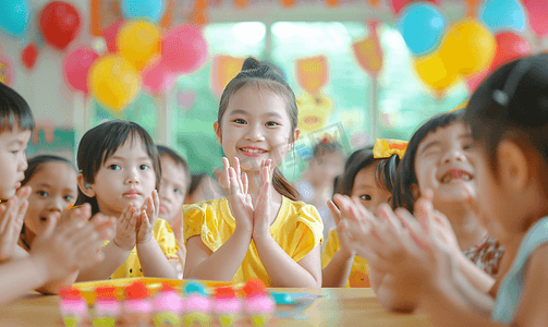 可爱女生微笑摄影照片_亚洲人老师和儿童在幼儿园里