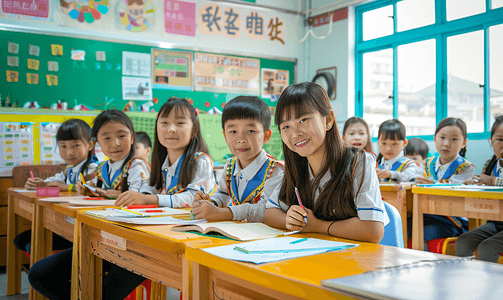亚洲人老师和小学生们在教室里人物