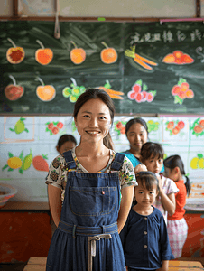 亚洲人乡村女教师和小学生在教室里