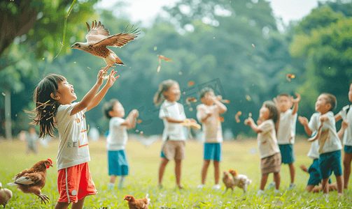 儿童黄色摄影照片_亚洲人幼儿园可爱的小朋友们玩老鹰抓小鸡游戏