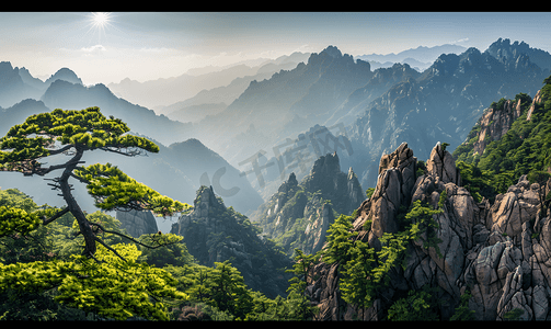 中华五千年图片摄影照片_黄山雪松山峦美景