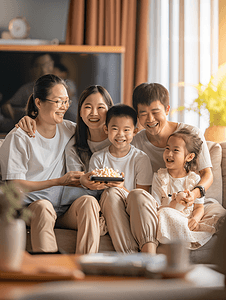居家客厅摄影照片_亚洲人幸福家庭在看电视