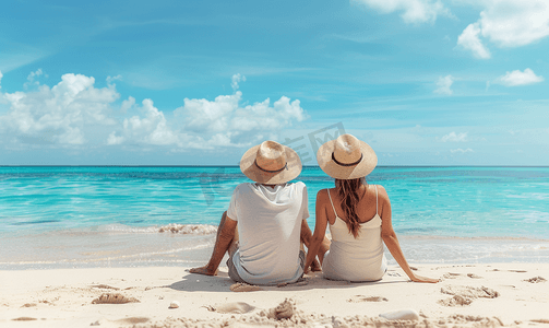 海边沙滩度蜜月摄影照片_海边情侣坐在沙滩看大海背影