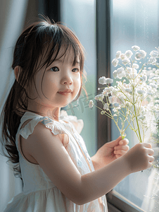一个女孩摄影照片_亚洲人可爱的小女孩贴窗花