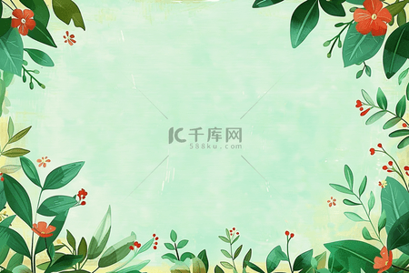 绿叶花朵手绘背景图片_手绘春天植物绿色花朵背景插画