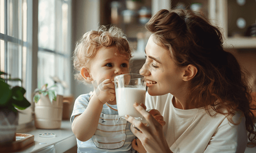 妈妈辅助孩子喝奶