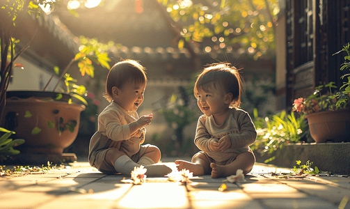 户外观察植物摄影照片_亚洲人两个儿童在庭院里玩耍