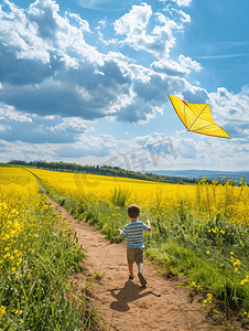 放风筝摄影照片_一个小男孩在油菜地的小路上放风筝