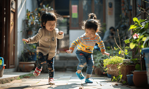 儿童拿放大镜摄影照片_亚洲人两个儿童在庭院里玩耍