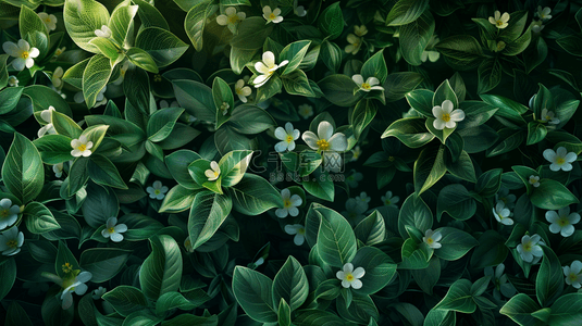 绿色简约平铺树叶白色花朵的背景