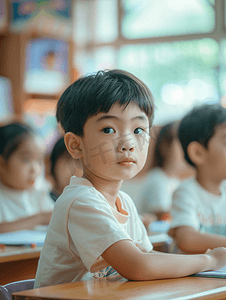 早起的学生摄影照片_亚洲人小学生在教室里学习