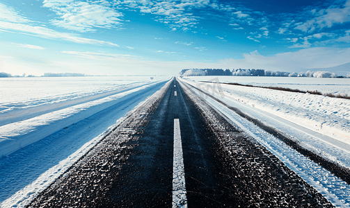 雪山雪地摄影照片_雪地里笔直的公路