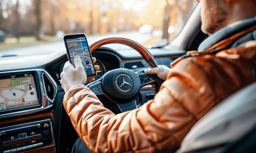 司机使用手机导航驾驶汽车