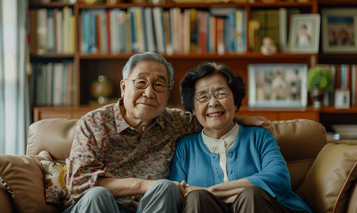 注视镜头摄影照片_亚洲人幸福的老年夫妇在客厅