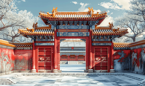 国风洒金摄影照片_北京古建筑红色大门