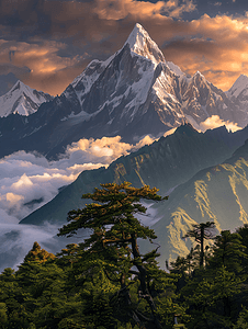 清晨雄伟的山脉风景