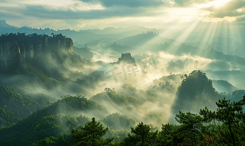 中国风水墨风景摄影照片_武夷山云雾日出