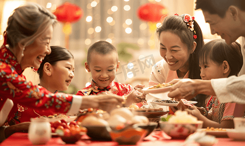吃年夜饭的人摄影照片_亚洲人幸福家庭过年吃团圆饭