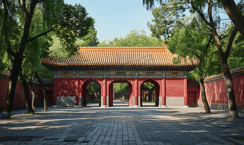 国风洒金摄影照片_北京古建筑红色大门