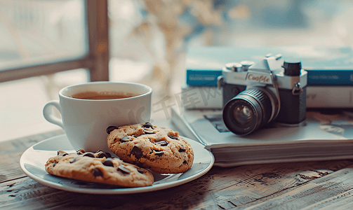 相机素材摄影照片_创意生活氛围相机咖啡和饼干书本