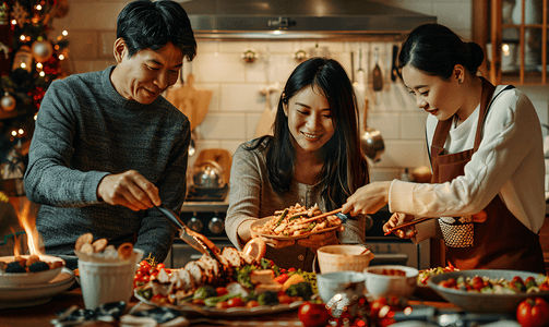 春节喜庆团圆摄影照片_亚洲人快乐家庭准备年夜饭