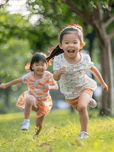 秋天人像摄影照片_亚洲人小朋友们在公园里快乐奔跑