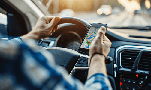 司机使用手机导航驾驶汽车