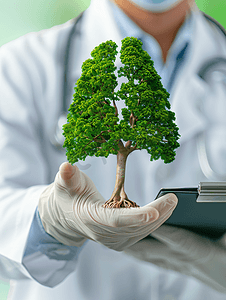 科技医疗绿色摄影照片_医生手托着肺形状的树