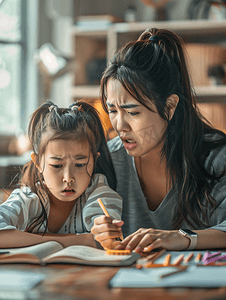 亚洲人年轻妈妈为辅导女儿的作业生气2
